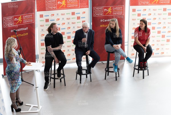 210322 Cardiff University Cardiff Half Marathon Event and Race T Shirt Reveal - Laura- Jane Jones hosts the launch event with artist Nathan Woburn who designed the race T shirt, Race Director Steve Brace,and Hannah Barrett and Sian McCarthy who will be running the Cardiff Half Marathon