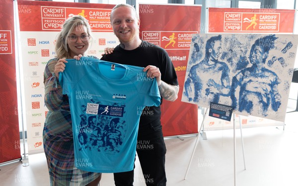 210322 Cardiff University Cardiff Half Marathon Event and Race T Shirt Reveal - Laura-Jane Jones with artist Nathan Woburn who designed the race T shirt for the Cardiff Half Marathon