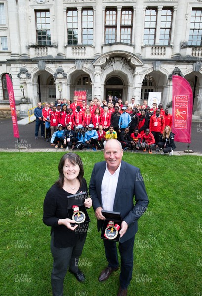 061018 - Cardiff University Cardiff Half Marathon Press Conference, Cardiff University - Vice Chancellor of Cardiff University Prof Karen Holford and Run 4 Wales Chair Nigel Roberts with athletes and the Commonwealth Championship Medals at the press conference and athletes welcome