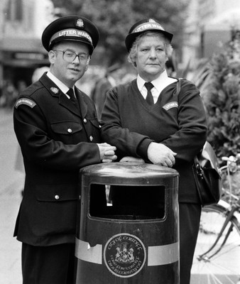 121089 - Picture shows Cardiff's first litter Wardens Charles Geddes and Cynthia James making their first appearance on Queen Street