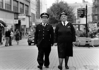 121089 - Picture shows Cardiff's first litter Wardens Charles Geddes and Cynthia James making their first appearance on Queen Street