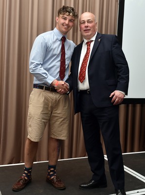 090526 - Cardiff Met Athletic - Admiral National League 5 East Central Trophy Presentation - Captain Harry Sigley with WRU representative Lloyd Morgan