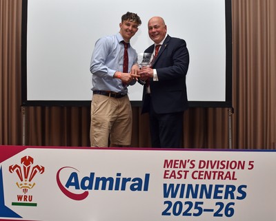 090526 - Cardiff Met Athletic - Admiral National League 5 East Central Trophy Presentation - Captain Harry Sigley receives the trophy from WRU representative Lloyd Morgan