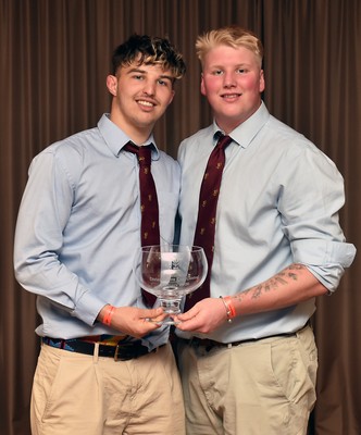 090526 - Cardiff Met Athletic - Admiral National League 5 East Central Trophy Presentation - Captain Harry Sigley and Alfie Lamb with the trophy