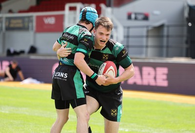 100525 - Cardiff Met Athletic v St Peters Athletic, Mens Division 5 Cup Final - Tom Jeans of St Peters Athletic celebrates with James Hendri of St Peters Athletic after he races in to score try