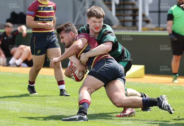 100525 - Cardiff Met Athletic v St Peters Athletic, Mens Division 5 Cup Final - Jason Trevino of Cardiff Met Athletic is tackled by Dylan Gittins of St Peters Athletic