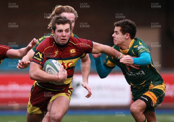 211213 Cardiff Metropolitan RFC v Bridgend Athletic RFC - Swalec Championhip -James Beal of Cardiff Met takes on Kyle Dobbings of Bridgend Athletic