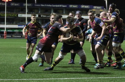 121218 - Cardiff Met v Cardiff University, BUCS Super League - Aled Ward of Cardiff Met powers over to score try