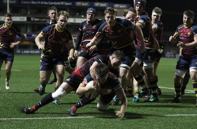 121218 - Cardiff Met v Cardiff University, BUCS Super League - Aled Ward of Cardiff Met powers over to score try