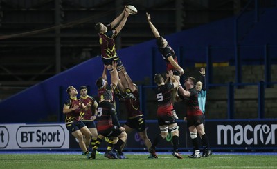 121218 - Cardiff Met v Cardiff University, BUCS Super League - Jac Arthur of Cardiff Met takes the line out ball