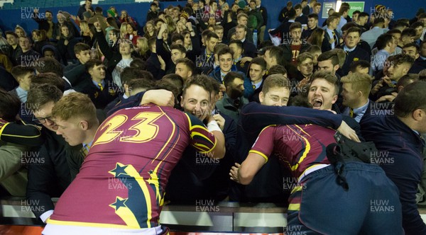 121218 - Cardiff Met v Cardiff University, BUCS Super League - Cardiff Met players celebrate with their supporters after beating Cardiff University
