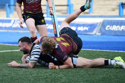 230526 - Cardiff Met v Glamorgan Wanderers - Mallet Cup Final - Reagan Moore of Glamorgan Wanderers runs in to score a try