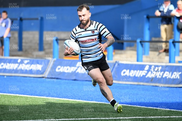 230526 - Cardiff Met v Glamorgan Wanderers - Mallet Cup Final - Reagan Moore of Glamorgan Wanderers runs in to score a try