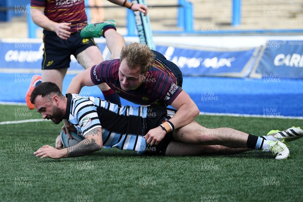 230526 - Cardiff Met v Glamorgan Wanderers - Mallet Cup Final - Reagan Moore of Glamorgan Wanderers runs in to score a try