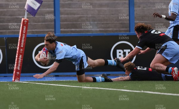040522 - Cardiff North U16 v Cardiff South U16, Regional Age Grade Championship -  Ben Roberts of Cardiff South dives in to score try