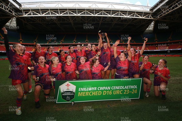 230324 - Cardiff Quins v Chargers Girls - WRU Girls National U16 Cup Final - Cardiff Quins celebrate winning the Under16 Cup Final
