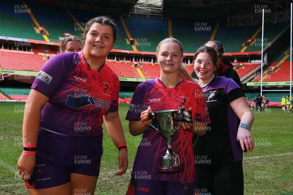 230324 - Cardiff Quins v Chargers Girls - WRU Girls National U16 Cup Final - Cardiff Quins celebrate winning the Under16 Cup Final