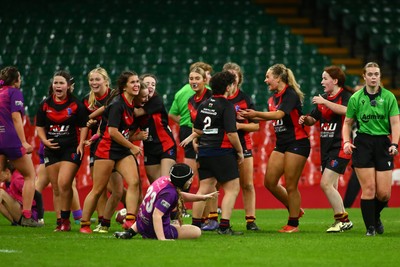 061225 - Cardiff Quins v Gwylliad Meirionnydd - WRU Girls U18 Hub Final - Gwylliad Meirionnydd celebrate winning the game at the final whistle