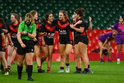 061225 - Cardiff Quins v Gwylliad Meirionnydd - WRU Girls U18 Hub Final - Gwylliad Meirionnydd celebrate winning the game at the final whistle