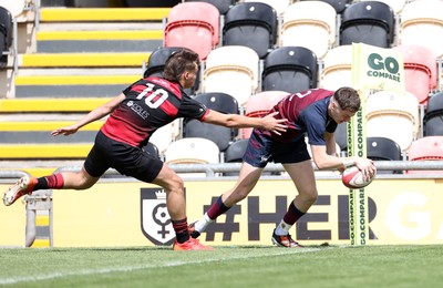 050525 - Cardiff Quins v Llanishen - U18 Bowl Final - Boys U18s Finals Day - Will Adams of Cardiff Quins scores a try