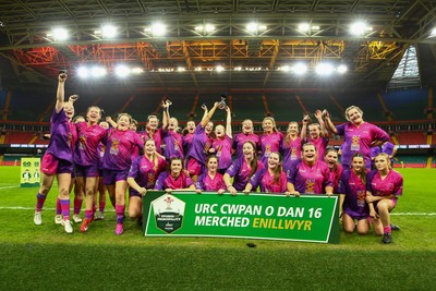 061225 - Cardiff Quins v Nelson Belles - WRU Girls U16 Hub Final - Cardiff Quins celebrate winning the Cup