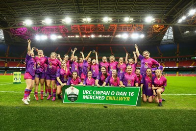 061225 - Cardiff Quins v Nelson Belles - WRU Girls U16 Hub Final - Cardiff Quins celebrate winning the Cup
