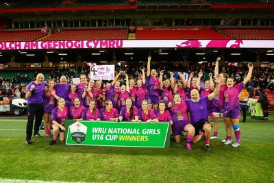 061225 - Cardiff Quins v Nelson Belles - WRU Girls U16 Hub Final - Cardiff Quins celebrate winning the Cup