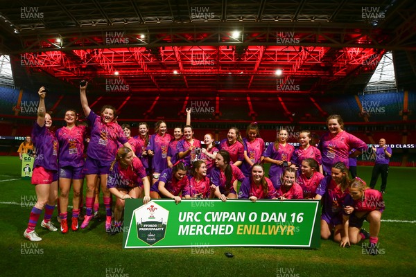 061225 - Cardiff Quins v Nelson Belles - WRU Girls U16 Hub Final - Cardiff Quins celebrate winning the Cup