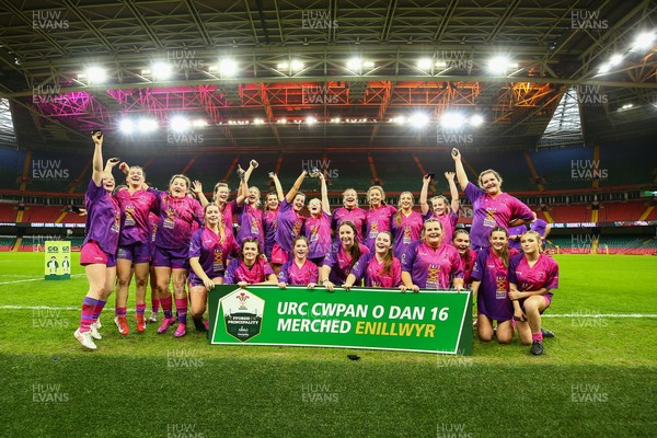 061225 - Cardiff Quins v Nelson Belles - WRU Girls U16 Hub Final - Cardiff Quins celebrate winning the Cup