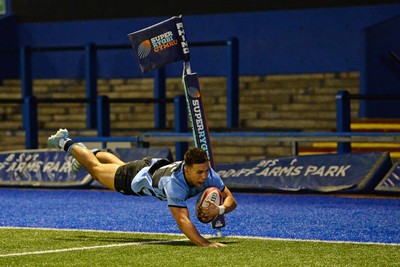 180925 - Cardiff RFC v Carmarthen Quins - Super Rygbi Cymru - Dewi Cross of Cardiff dives in to score the first try of the game