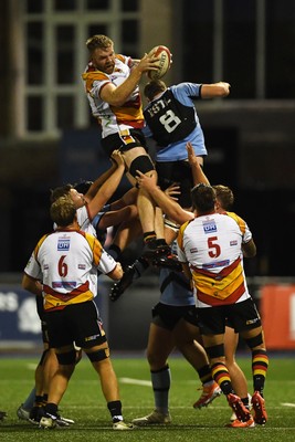 180925 - Cardiff RFC v Carmarthen Quins - Super Rygbi Cymru - Tom Phillips of Carmarthen wins the line-out