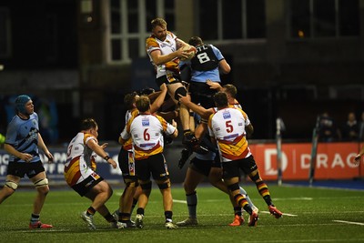 180925 - Cardiff RFC v Carmarthen Quins - Super Rygbi Cymru - Tom Phillips of Carmarthen wins the line-out