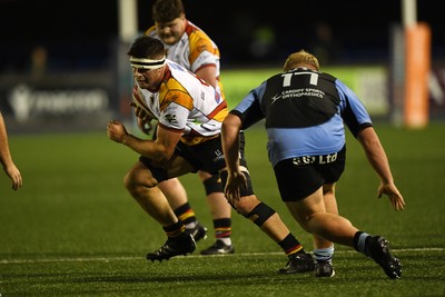 180925 - Cardiff RFC v Carmarthen Quins - Super Rygbi Cymru - Lewys Millin of Carmarthen is challenged by Christian Brooke of Cardiff