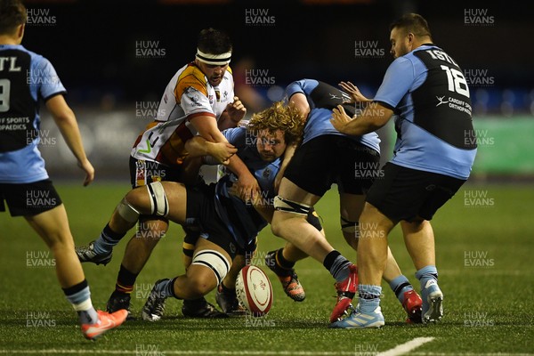 180925 - Cardiff RFC v Carmarthen Quins - Super Rygbi Cymru - Tirion Bowen of Cardiff is challenged by Lewys Millin of Carmarthen