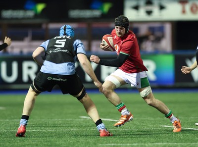 160126 - Cardiff RFC v Wales U20, Friendly match - Evan Minto of Wales takes on Ethan Phillips of Cardiff RFC