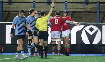 160126 - Cardiff RFC v Wales U20, Friendly match - Dylan Scott of Wales celebrates with Dom Kossuth of Wales after he dives in to score try