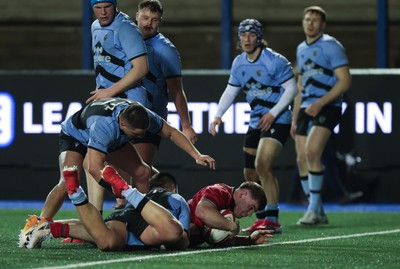 160126 - Cardiff RFC v Wales U20, Friendly match - Oscar Thomas of Wales powers over to score try