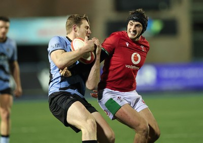 160126 - Cardiff RFC v Wales U20, Friendly match - Tom Williams of Cardiff RFC and Osian Darwin-Lewis of Wales compete for the ball