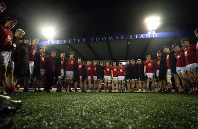 160126 - Cardiff RFC v Wales U20, Friendly match - The Wales team huddle up at the end of the match
