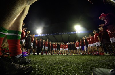 160126 - Cardiff RFC v Wales U20, Friendly match - The Wales team huddle up at the end of the match