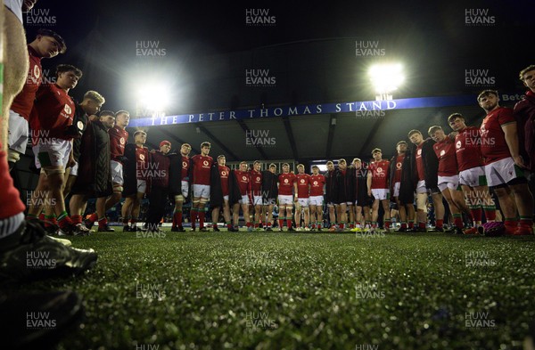 160126 - Cardiff RFC v Wales U20, Friendly match - The Wales team huddle up at the end of the match