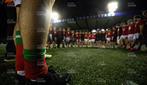 160126 - Cardiff RFC v Wales U20, Friendly match - The Wales team huddle up at the end of the match