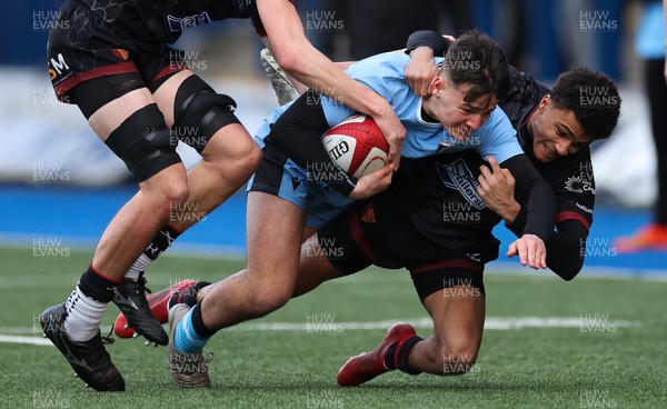 290123 - Cardiff Rugby 18s v RGC U18s Under 18s, WRU Regional Age Grade Championship - Sion Davies of Cardiff is tackled