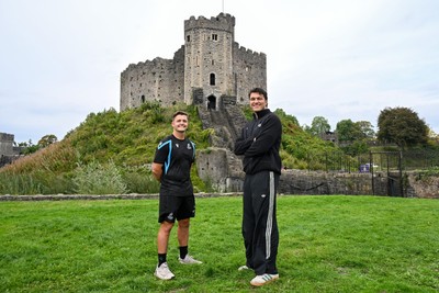 290926 - Cardiff Rugby Press Conference - Picture shows Cardiff Rugby players Callum Sheedy (left) and Teddy Williams outside Cardiff Castle in Cardiff, Wales during a press conference ahead of their sides URC match against Zebre