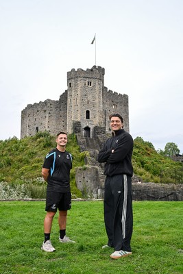 290926 - Cardiff Rugby Press Conference - Picture shows Cardiff Rugby players Callum Sheedy (left) and Teddy Williams outside Cardiff Castle in Cardiff, Wales during a press conference ahead of their sides URC match against Zebre
