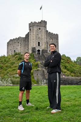 290926 - Cardiff Rugby Press Conference - Picture shows Cardiff Rugby players Callum Sheedy (left) and Teddy Williams outside Cardiff Castle in Cardiff, Wales during a press conference ahead of their sides URC match against Zebre