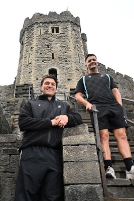 290926 - Cardiff Rugby Press Conference - Picture shows Cardiff Rugby players Callum Sheedy and Teddy Williams (left) outside Cardiff Castle in Cardiff, Wales during a press conference ahead of their sides URC match against Zebre