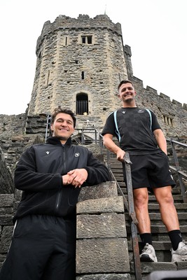 290926 - Cardiff Rugby Press Conference - Picture shows Cardiff Rugby players Callum Sheedy and Teddy Williams (left) outside Cardiff Castle in Cardiff, Wales during a press conference ahead of their sides URC match against Zebre