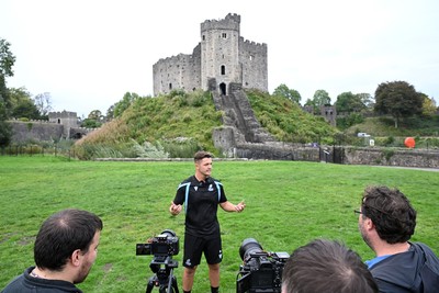 290926 - Cardiff Rugby Press Conference - Picture shows Cardiff Rugby player Callum Sheedy outside Cardiff Castle in Cardiff, Wales during a press conference ahead of his sides URC match against Zebre