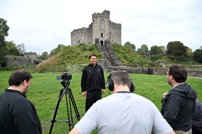 290926 - Cardiff Rugby Press Conference - Picture shows Cardiff Rugby player Teddy Williams outside Cardiff Castle in Cardiff, Wales during a press conference ahead of his sides URC match against Zebre